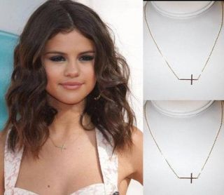 Selena Gomez Slim Sleek Gold Tone Horizontal Sideways Cross Necklace