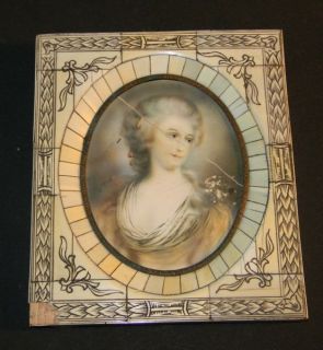  1830 European Portrait Painting on Porcelain w Carved Bone Frame Greve