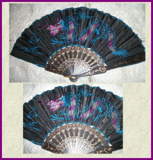 Pretty Personal Oriental Silk Hand Fan Embroidered Dragon Blue Trim