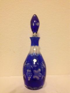   Czechoslovakian Cobalt Blue Cut to Clear Glass Decanter with Flowers
