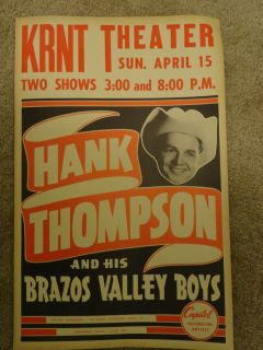 RARE Hank Thompson Poster 1962 KRNT Theater Des Moines Original Nice