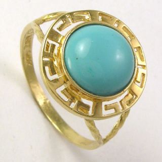 14k Solid Yellow Gold Greek Key Turquoise Ring R1048