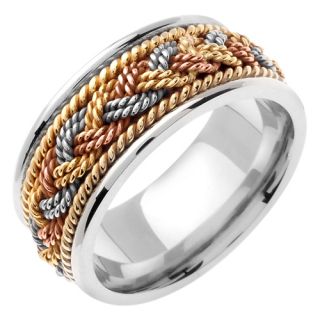 14k Tri Color Gold Rope Braided Wedding Band Ring 9 Mm