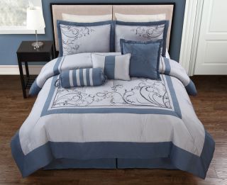 7pcs Queen Nahla Blue and Gray Embroidered Comforter Set