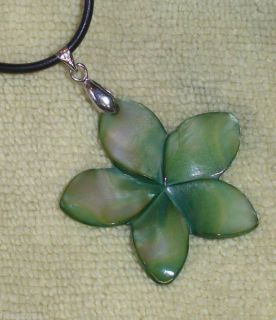 Green Plumeria Flower Necklace Hawaiian Mother of Pearl