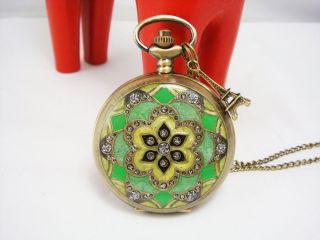 Green Flower Steampunk Pocket clocket Watch Pendant Necklace