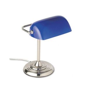 Traditional Incandescent Bankers Lamp, Blue Glass Shade, Chrome Base