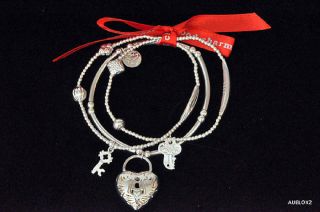 New $540 Good Charma 3 Strand Sterl Silver Heart Keys Stretch Bracelet