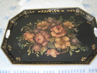 HUGE Hand Painted Antique Tole Tray  Old Style Muted Roses Hydrangea