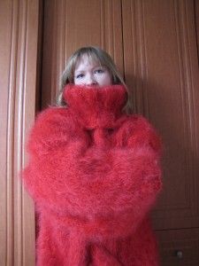 Longhair Hand Knitted Red Hayfield Mohair Sweater w Big Turtleneck