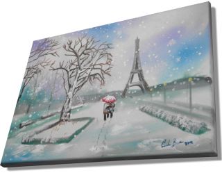Paris Eiffel Tower Couple Winter Snow Scene Original Painting Gordon