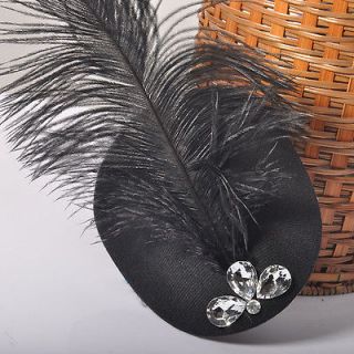 lady girl women black mini top hat cap feather fascinator crystal