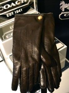  COACH BUTTON Mahogany Chocolate Brown LEATHER & CASHMERE GLOVES 80633