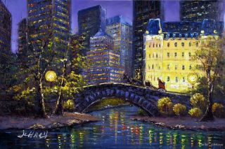  Central Park Evening Manhattan Bridge Hansom Cab 24X36 Oil Painting