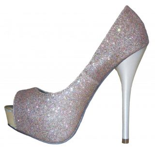 Silver Glitter Open Toe Platform High Heel Pumps Size 7