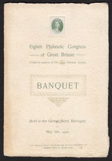  PHILATELIC CONGRESS OF GB 1921   Harrogate   Banquet MENU & TOAST LIST