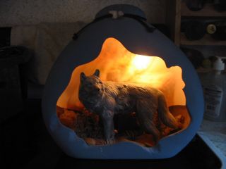 Pre Owned  Man Cave Ceramic Full Moon  3D  Shadow Box  Lighted Howling