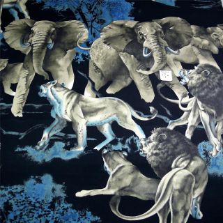 Alexander Henry Cotton Fabric Thrilling Lions Elephants on Black OOP