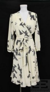 Hayden Harnett Cream Grey Silk Print 3 4 Sleeve Wrap Dress Size Small