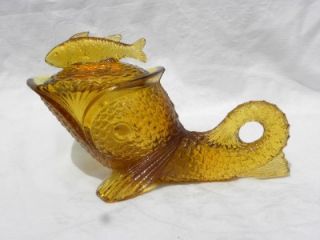 Vintage Amber Glass Greentown Dolphin Fish Covered Candy Dish by