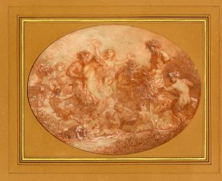 Scene de Bacchanale antique avec ebats erotiques de faunes, muses