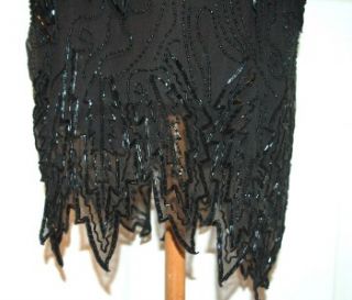 Vintage Silk Black Glass Bead and Black Sequin Dress Sheer Sleeves Zig