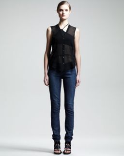 HELMUT Ghost Silk Top, Asymmetric Jersey Bra & Faded Skinny Jeans