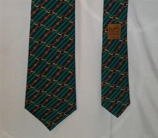 Hermes France Black w Green Stripes Brown Belt Links 986 SA Silk Tie