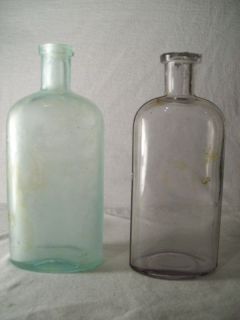 antique flask bottle x2 green amethyst color bottles time left