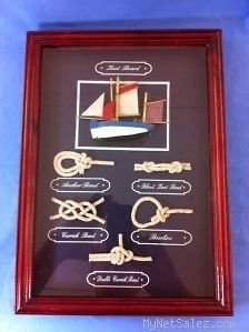 knot board nautical wall art with reddish stained wood frame