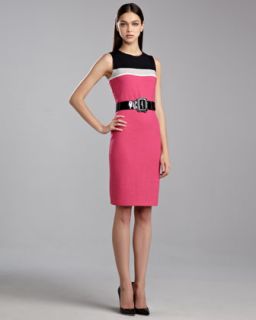 Ticked Boucle Colorblock Dress, Haute Pink