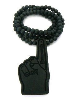 Black Wooden Number One Hand Sign Pendant with a 36 Inch Wood Beaded