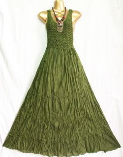 Hippie Boho Tie Dye Vintage Crochet Dark green Summer Sleeveless Dress
