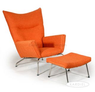 Hans J Wegner Style Wing Chair Ottoman Cinnabar Twill Danish Mid