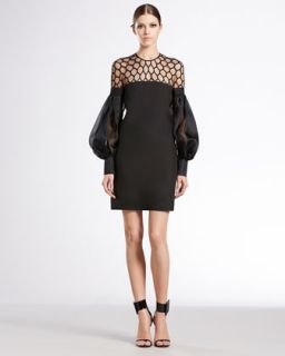 Gucci Hive Tulle Puff Sleeve Silk Dress   