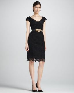 B25UC Oscar de la Renta Lace Trimmed Tweed Dress, Black