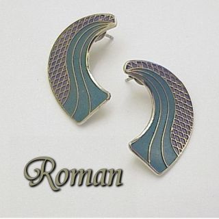 Signed Roman Silvertone Teal Purple Curve Wave Pierced Stud Earrings