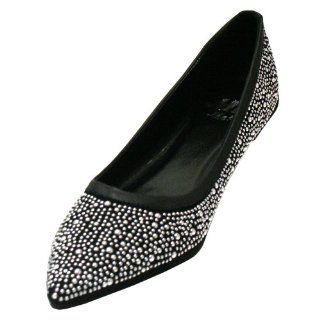 Black Bling Silver Tone Studded Pointed Toe Ballet Flats