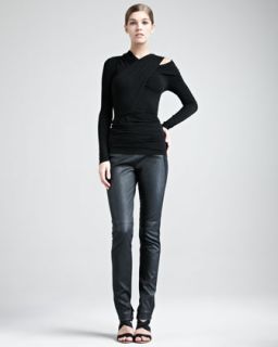 41ZC Donna Karan Cold Shoulder Jersey Top & Jersey Stripe Leather