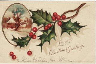 Antique Christmas Postcard c1906 Holly Wintry Hoboken