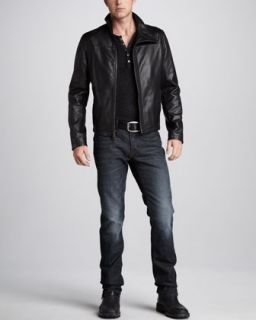 41P6 John Varvatos Star USA Leather Motorcycle Jacket, Thermal Henley