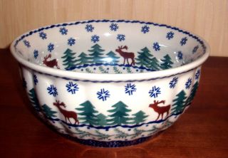 Boleslawiec Polish Pottery Large Salad Bowl Christmas Tree Moose New