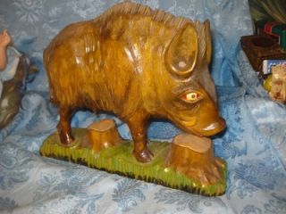 Vtg LG Folk Art Boar Wild Hog Pig Carved Wooden Figure Very Detailed