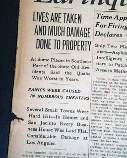 Hemet San Jacinto California Earthquake 1918 Newspaper