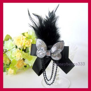 Party Black Bowknot Feather Sequin Hat Pin Brooch 075