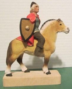 HENNING WOODEN VIKING SOLDIER WITH SHIELD & SWORD ON HORSE HAND CARVED