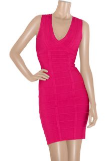1,095 HERVE LEGER Bright Rose Pink V Neck Bandage Dress M Medium Net