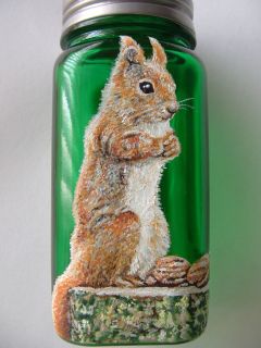 Hand Painted Squirrel Glass Square Spice Jar Green