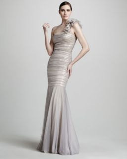 Rickie Freeman for Teri Jon One Shoulder Ruched Tulle Gown   Neiman