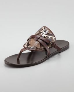 Flat Python Leather Thong Sandal, Dusty Brown